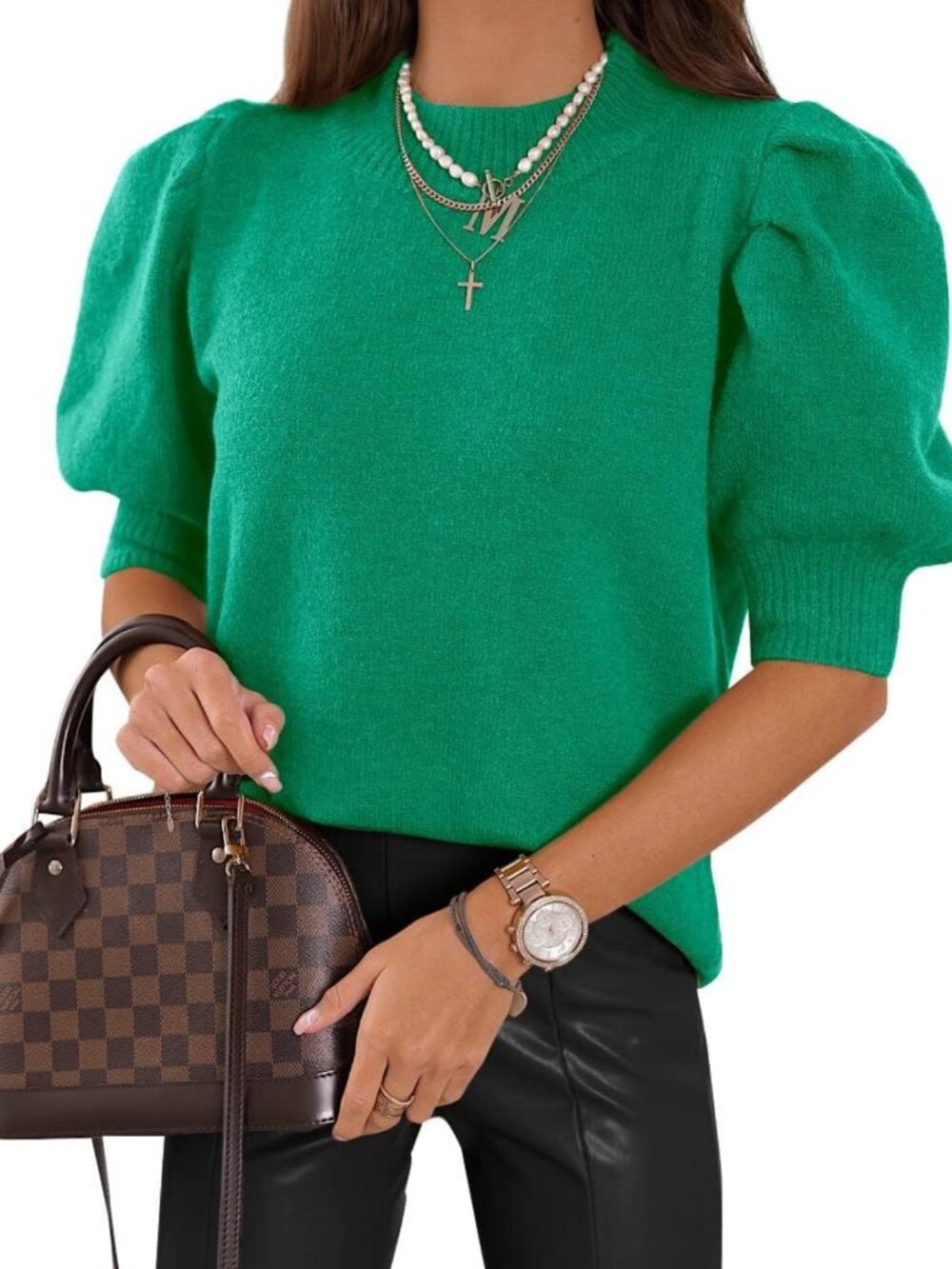 Trendy Women's Puff Sleeve Knit Sweater Top - Casual Crew Neck Blouse for Summer